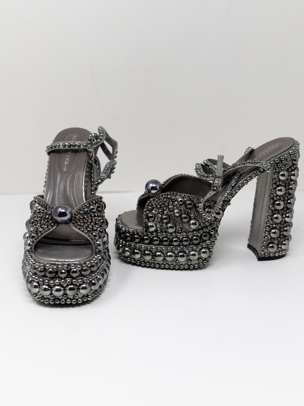 Embellished Silver Platform Block-Heel Sandals